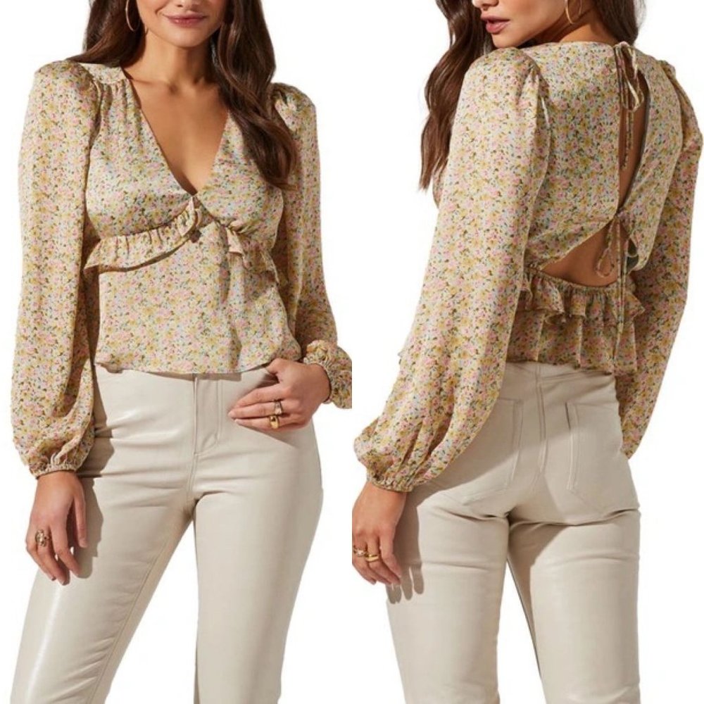 New ASTR Medium Ditsy Mustard Pink Floral Cutout Ruffle Puff Long Sleeve Blouse